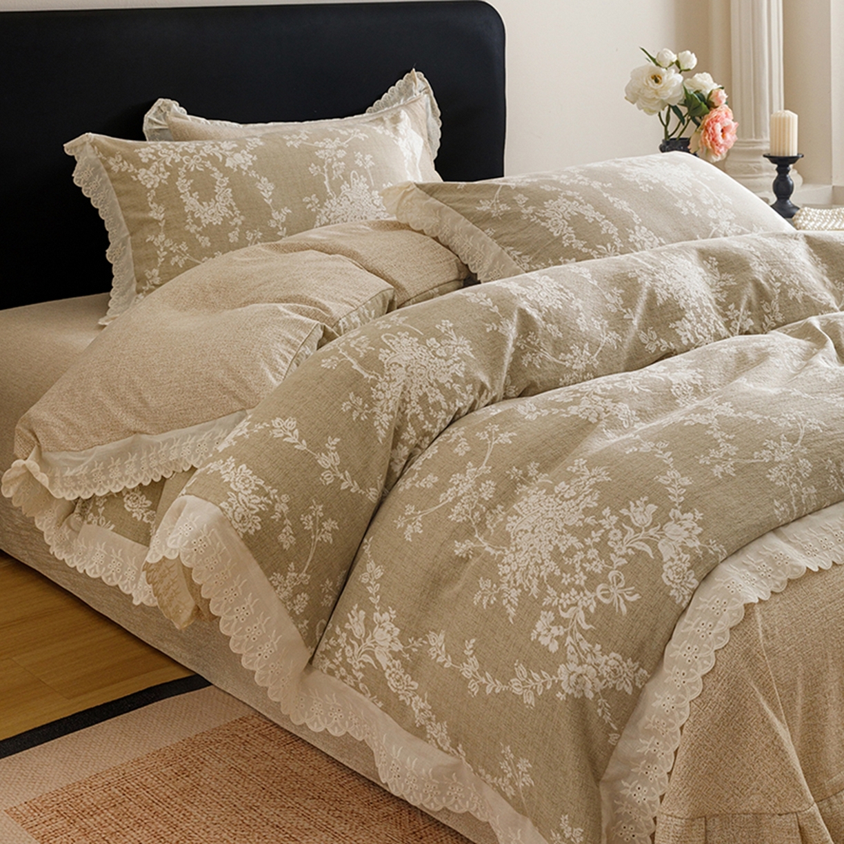 91家纺网 家纺一手货源 找家纺 悦然毛巾被 2026春夏新款加厚原麻水洗复古风四件套亚麻提花花边四件套 花梦缘