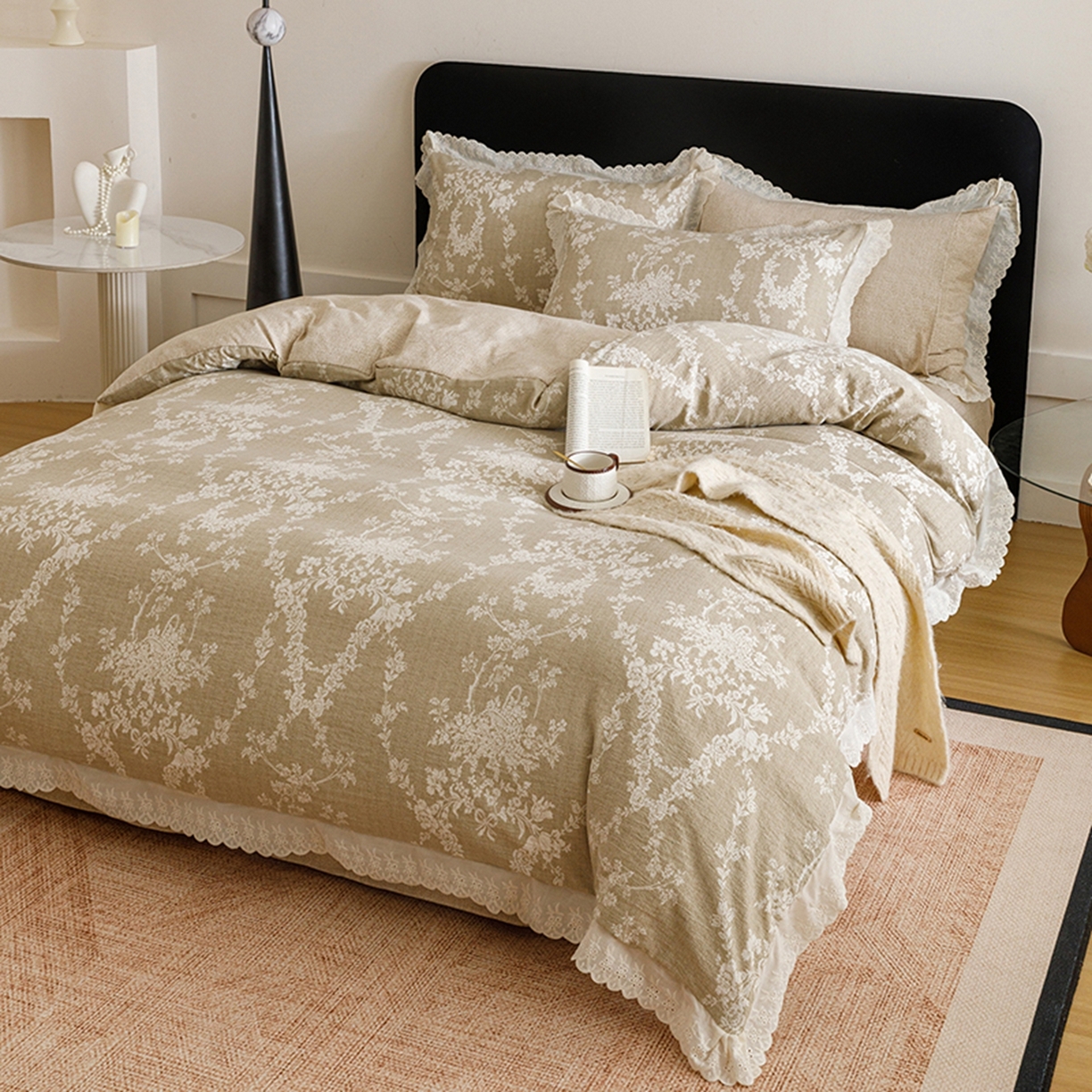 91家纺网 家纺一手货源 找家纺 悦然毛巾被 2026春夏新款加厚原麻水洗复古风四件套亚麻提花花边四件套 花梦缘