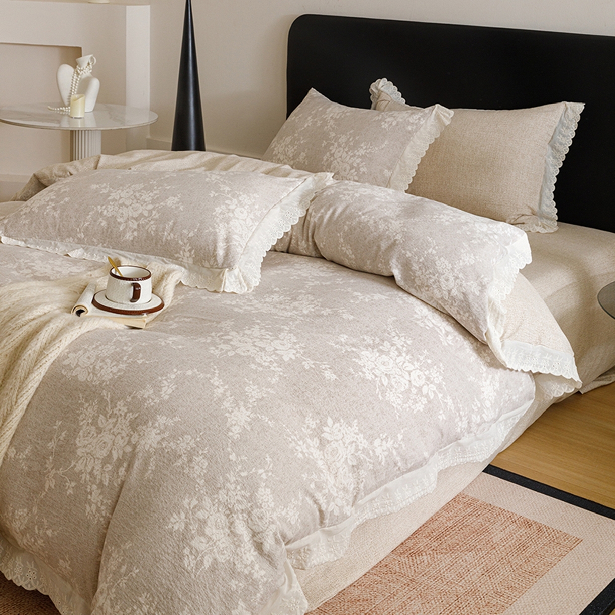 91家纺网 家纺一手货源 找家纺 悦然毛巾被 2026春夏新款加厚原麻水洗复古风四件套亚麻提花花边四件套 相思叶