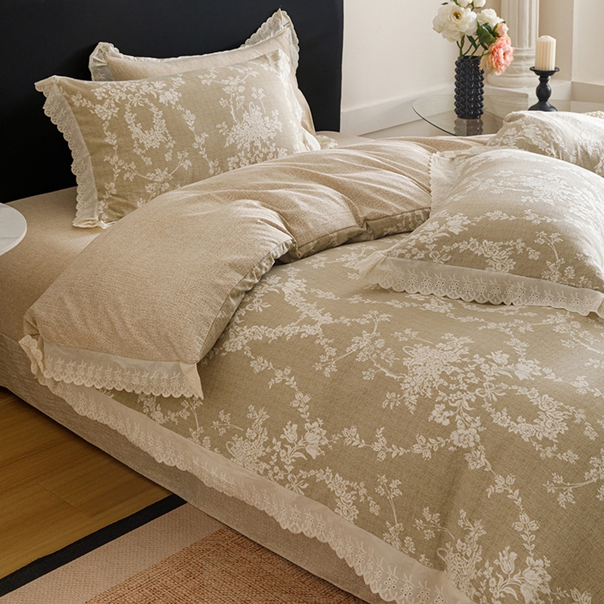 91家纺网 家纺一手货源 找家纺 悦然毛巾被 2026春夏新款加厚原麻水洗复古风四件套亚麻提花花边四件套 花梦缘