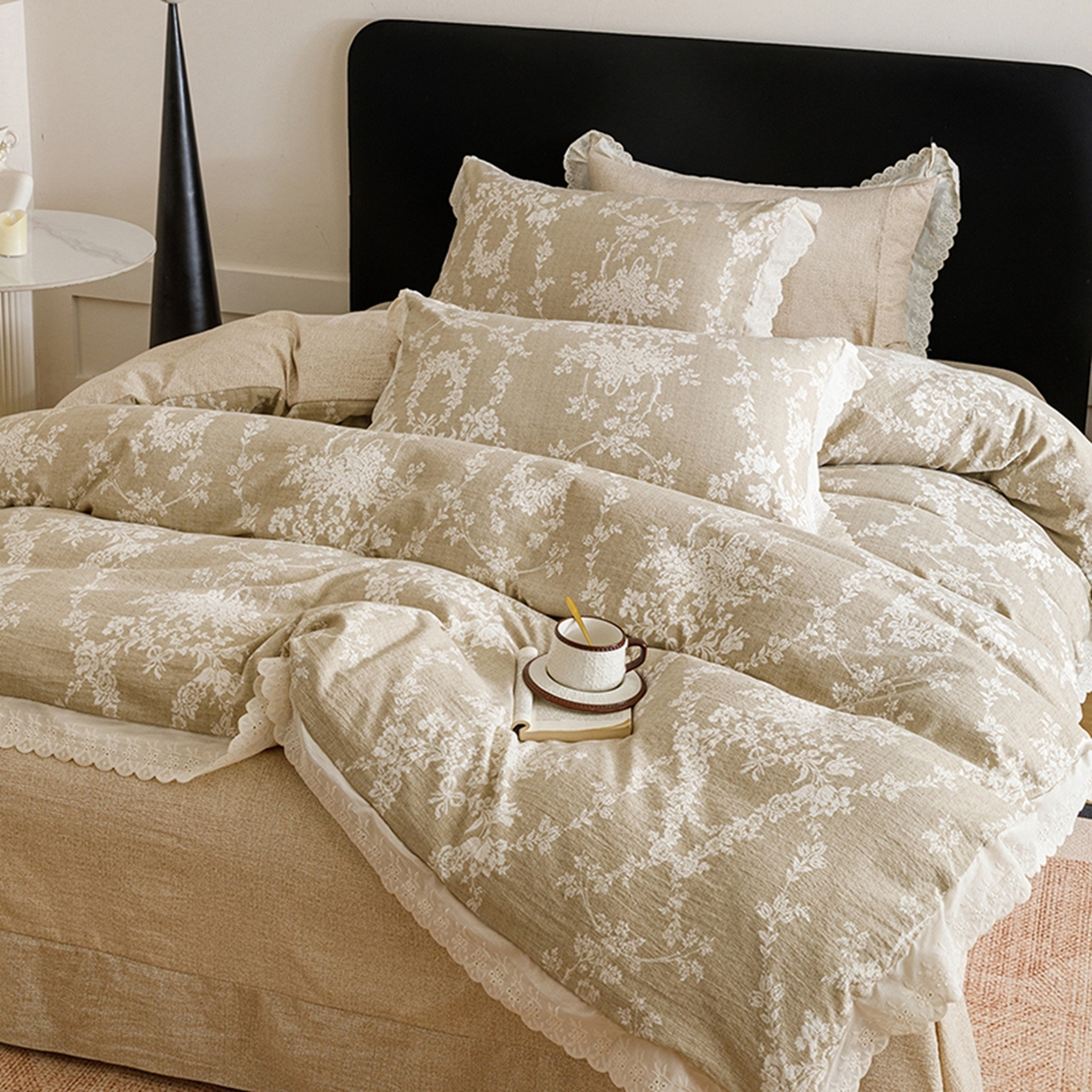 91家纺网 家纺一手货源 找家纺 悦然毛巾被 2026春夏新款加厚原麻水洗复古风四件套亚麻提花花边四件套 花梦缘