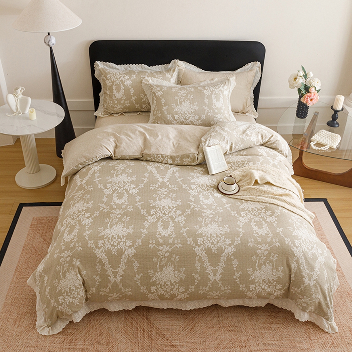 91家纺网 家纺一手货源 找家纺 悦然毛巾被 2026春夏新款加厚原麻水洗复古风四件套亚麻提花花边四件套 花梦缘