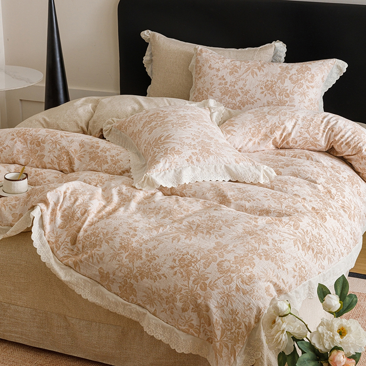 91家纺网 家纺一手货源 找家纺 悦然毛巾被 2026春夏新款加厚原麻水洗复古风四件套亚麻提花花边四件套 木棉花信