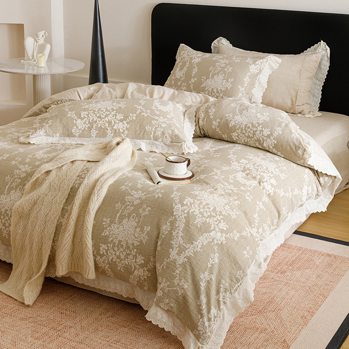 91家纺网 家纺一手货源 找家纺 悦然毛巾被 2026春夏新款加厚原麻水洗复古风四件套亚麻提花花边四件套 花梦缘