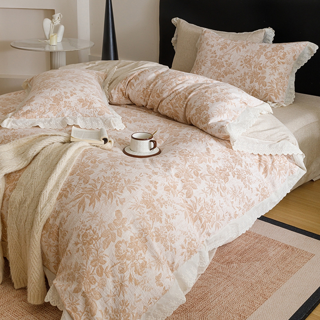 91家纺网 家纺一手货源 找家纺 悦然毛巾被 2026春夏新款加厚原麻水洗复古风四件套亚麻提花花边四件套 木棉花信