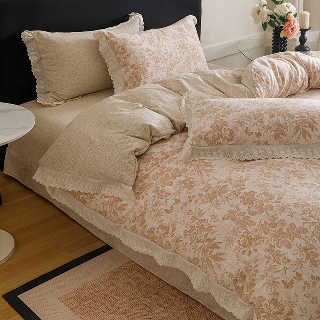 91家纺网 家纺一手货源 找家纺 悦然毛巾被 2026春夏新款加厚原麻水洗复古风四件套亚麻提花花边四件套 木棉花信