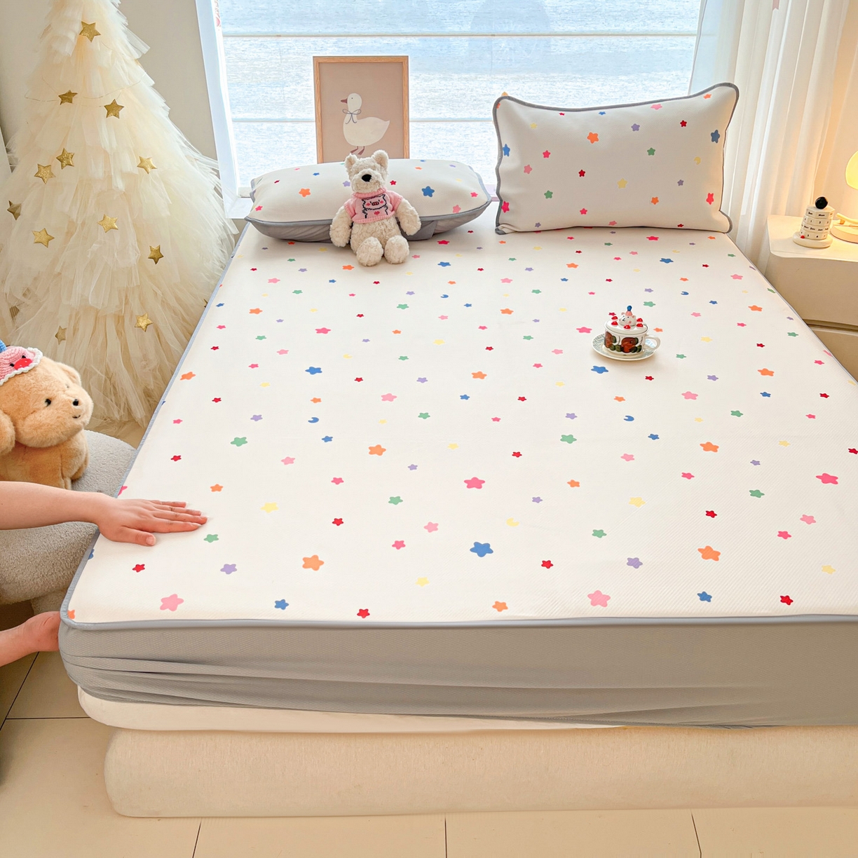 91家纺网 家纺一手货源 找家纺 川悦生活 2026新款凉豆豆斜纹冰丝凉席单品床笠单件床笠 床笠晴天星星