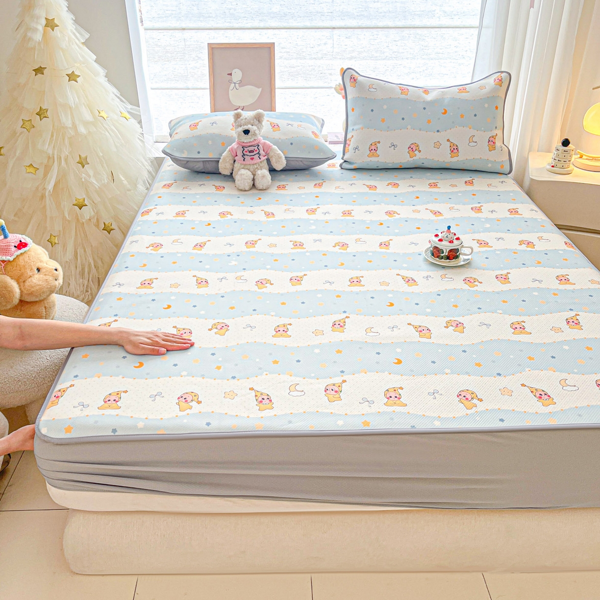 91家纺网 家纺一手货源 找家纺 川悦生活 2026新款凉豆豆斜纹冰丝凉席单品床笠单件床笠 床笠数星星