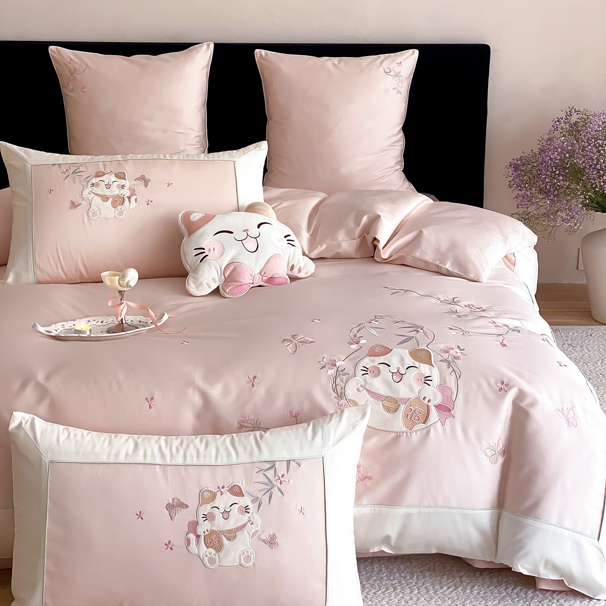 91家纺网 家纺一手货源 找家纺 （总）莎臣豹 2026新款5050新疆长绒棉精美中式贴布绣四件套-招财福禄-控价（卖价不得低于此价）标准360加大380