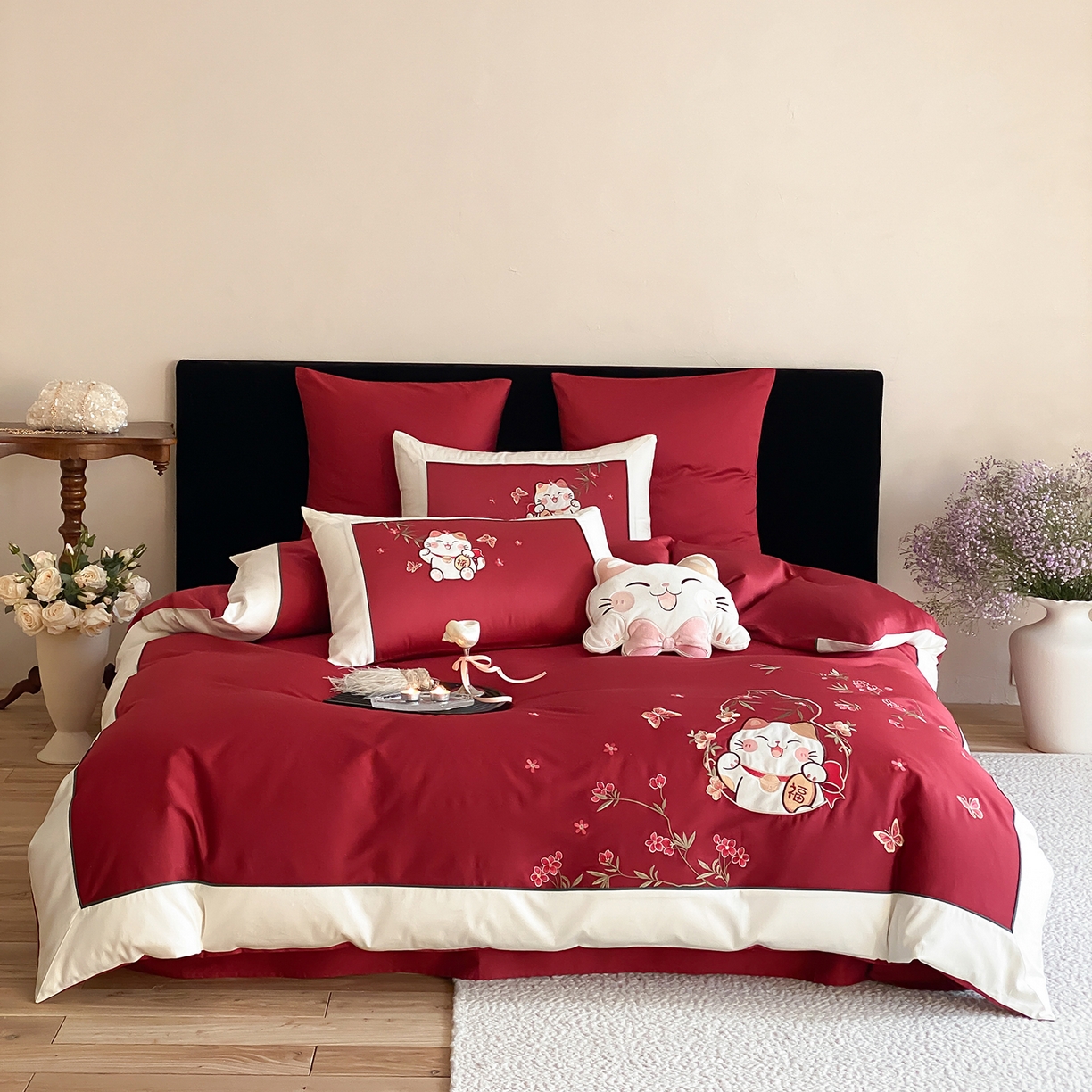 莎臣豹 2026新款5050新疆长绒棉精美中式贴布绣四件套-招财福禄-控价（卖价不得低于此价）标准360加大380 招财福禄-云夕红