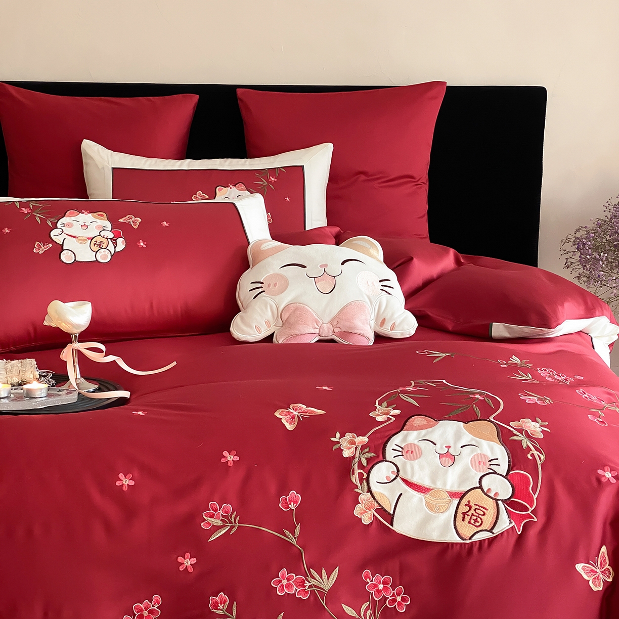 91家纺网 家纺一手货源 找家纺 莎臣豹 2026新款5050新疆长绒棉精美中式贴布绣四件套-招财福禄-控价（卖价不得低于此价）标准360加大380 招财福禄-云夕红