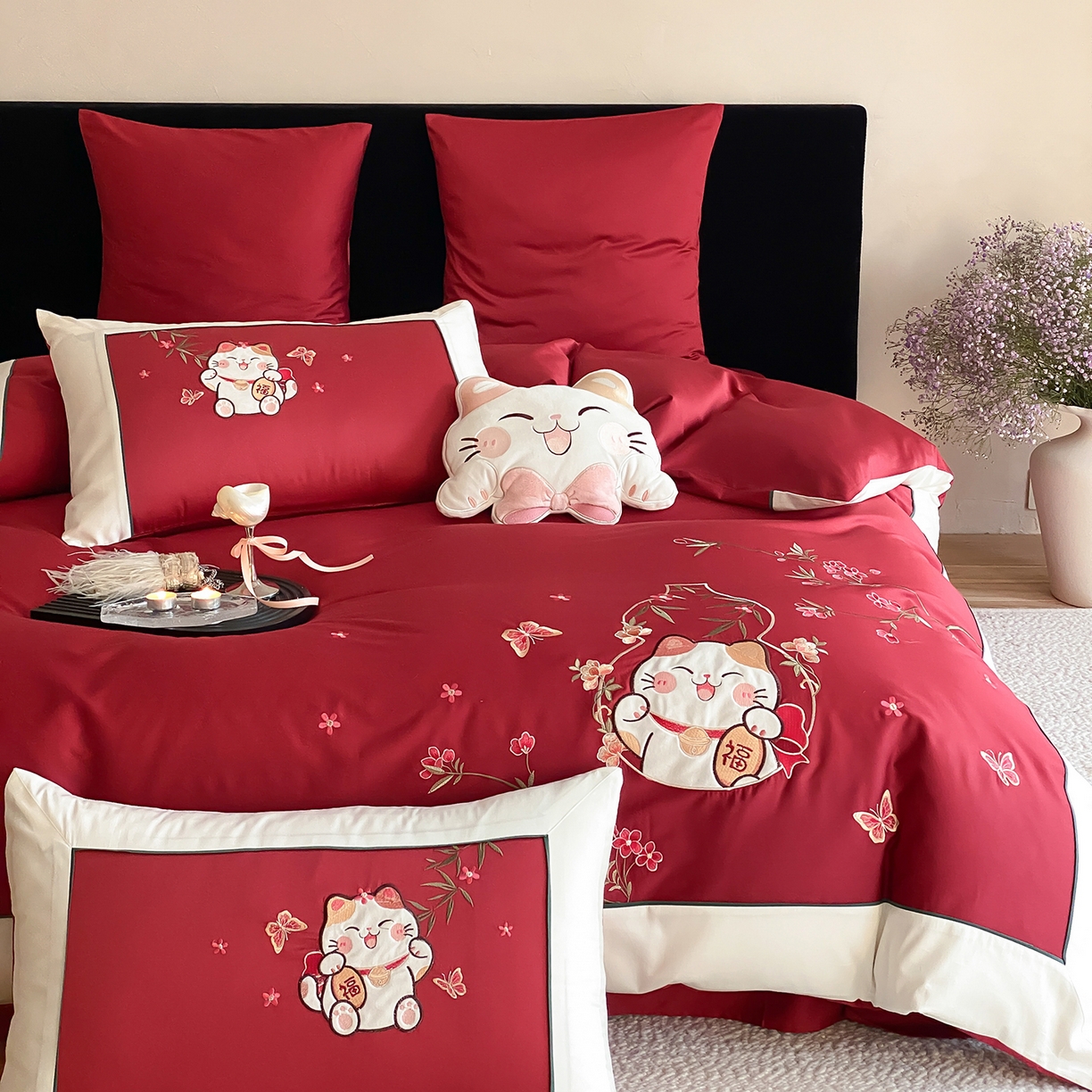 91家纺网 家纺一手货源 找家纺 莎臣豹 2026新款5050新疆长绒棉精美中式贴布绣四件套-招财福禄-控价（卖价不得低于此价）标准360加大380 招财福禄-云夕红