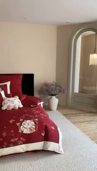 91家纺网 家纺一手货源 找家纺 莎臣豹 2026新款5050新疆长绒棉精美中式贴布绣四件套-招财福禄-控价（卖价不得低于此价）标准360加大380 招财福禄-云夕红