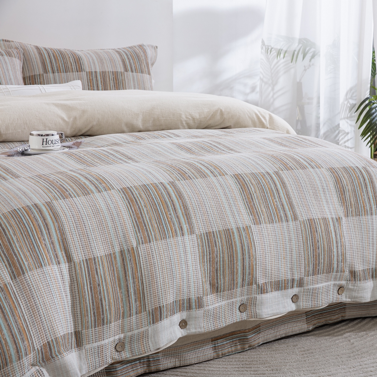 91家纺网 家纺一手货源 找家纺 （总）仰望棉麻双层纱供应链 2026新款兰亭格序色织棉麻纽扣款四件套