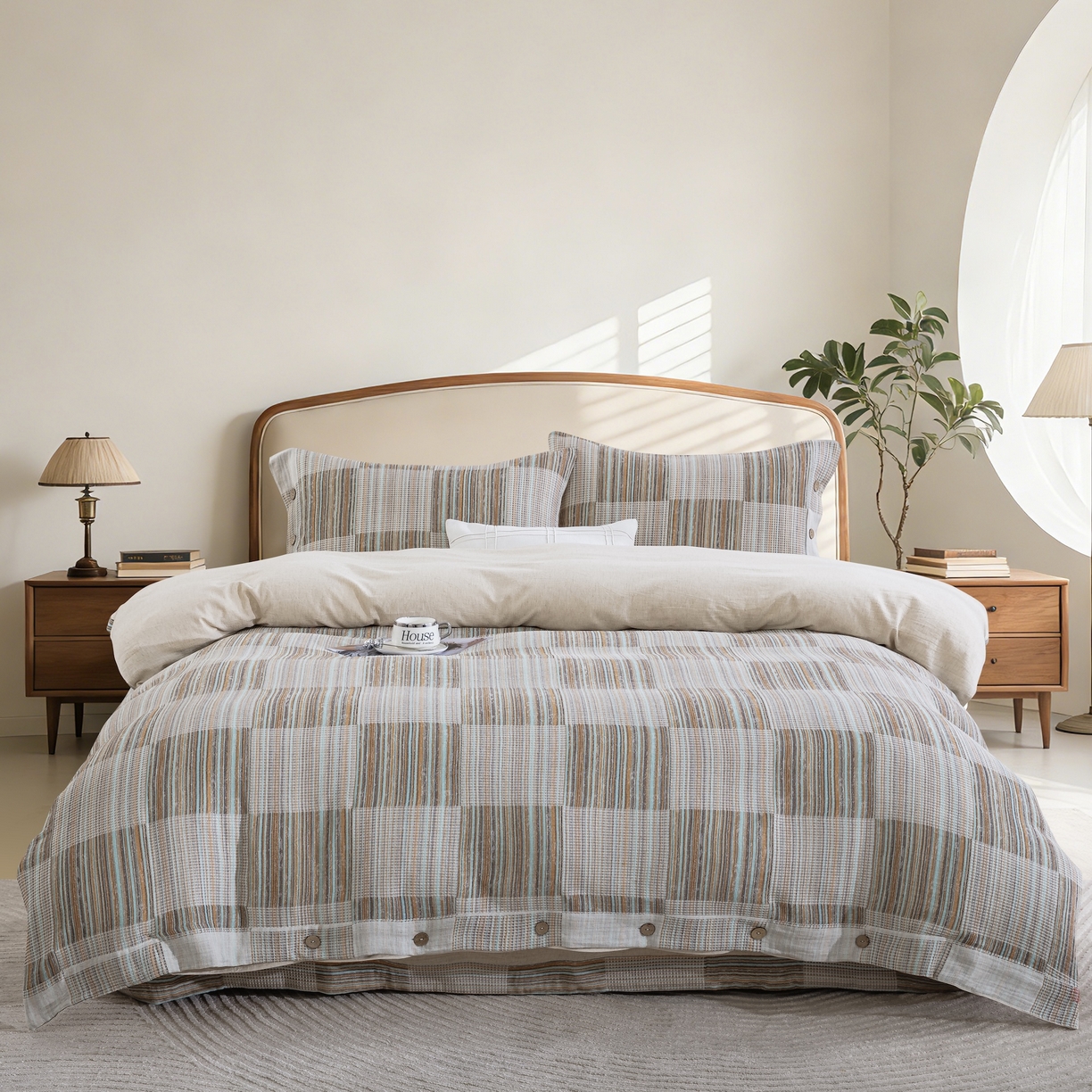 91家纺网 家纺一手货源 找家纺 （总）仰望棉麻双层纱供应链 2026新款兰亭格序色织棉麻纽扣款四件套