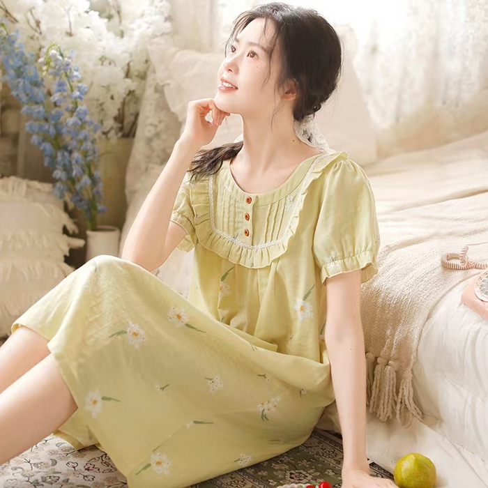 91家纺网 家纺一手货源 找家纺 （总）洛兰沙家居馆 2026春夏新品睡裙女菲边棉纱甜美公主风长袖薄款可外穿家居服睡裙