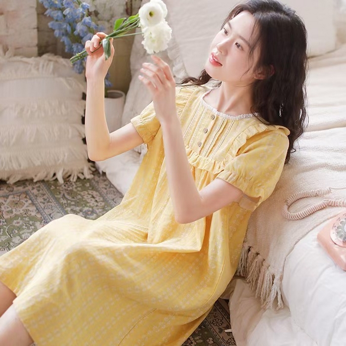 91家纺网 家纺一手货源 找家纺 （总）洛兰沙家居馆 2026春夏新品睡裙女菲边棉纱甜美公主风长袖薄款可外穿家居服睡裙