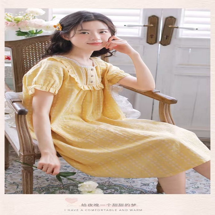 91家纺网 家纺一手货源 找家纺 （总）洛兰沙家居馆 2026春夏新品睡裙女菲边棉纱甜美公主风长袖薄款可外穿家居服睡裙