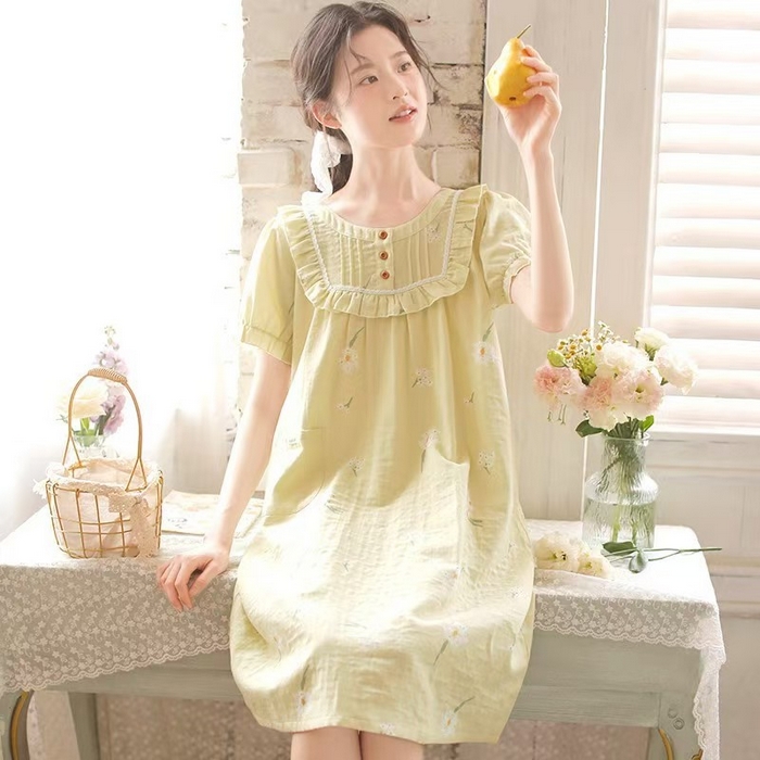 91家纺网 家纺一手货源 找家纺 （总）洛兰沙家居馆 2026春夏新品睡裙女菲边棉纱甜美公主风长袖薄款可外穿家居服睡裙