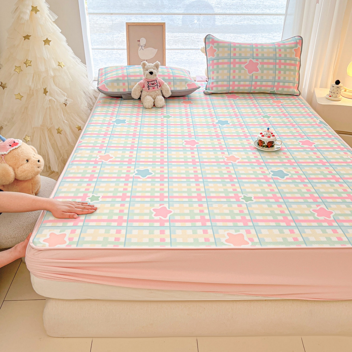 91家纺网 家纺一手货源 找家纺 川悦生活 2026新款凉豆豆斜纹冰丝凉席单品床笠单件床笠 床笠杏仁小星星