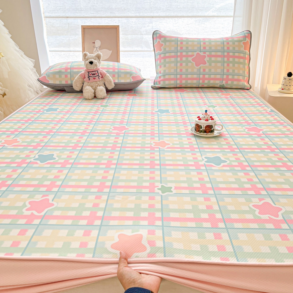 91家纺网 家纺一手货源 找家纺 川悦生活 2026新款凉豆豆斜纹冰丝凉席单品床笠单件床笠 床笠杏仁小星星