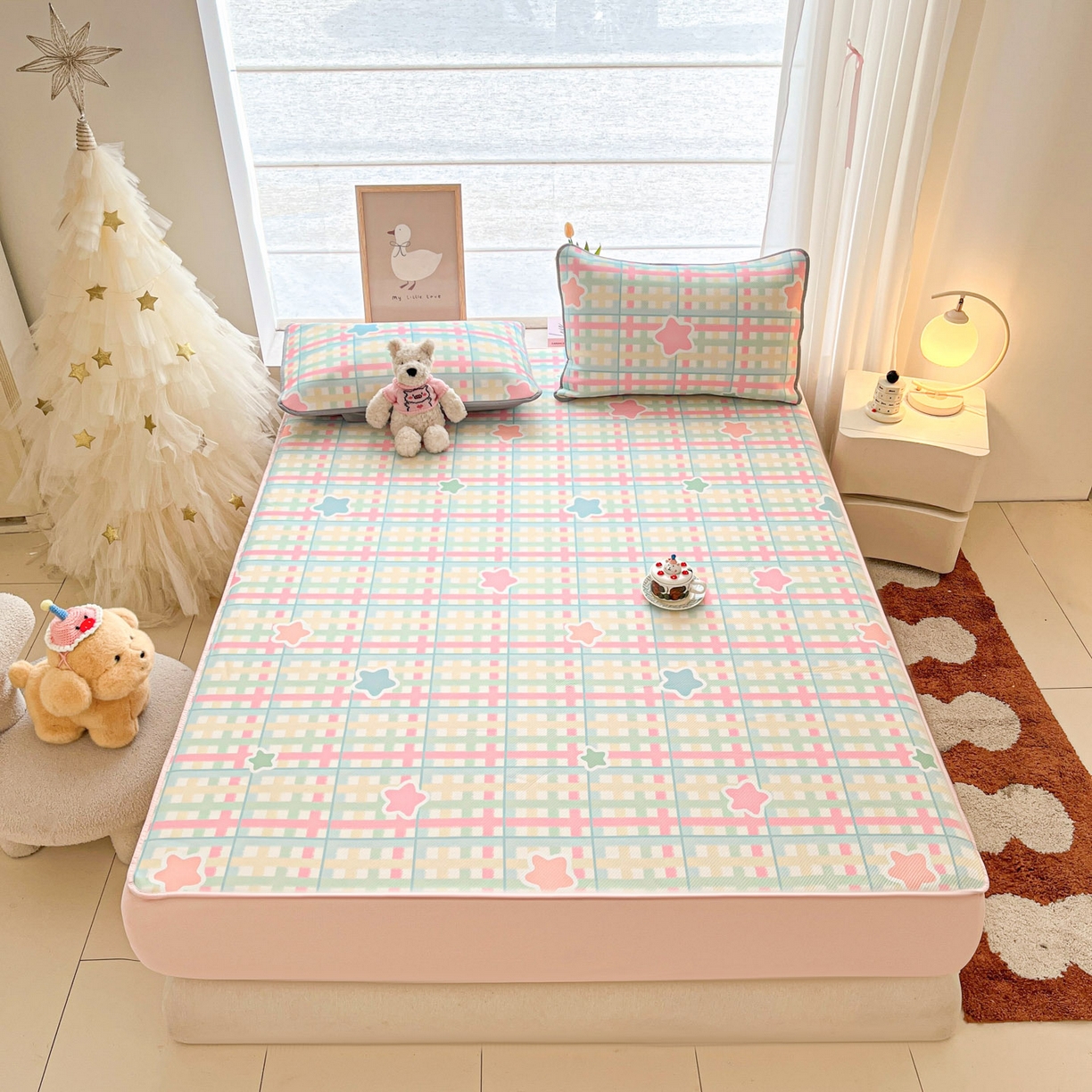 91家纺网 家纺一手货源 找家纺 川悦生活 2026新款凉豆豆斜纹冰丝凉席单品床笠单件床笠 床笠杏仁小星星