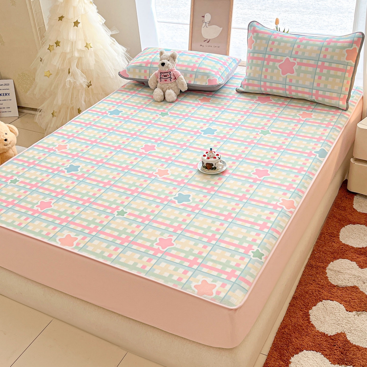 91家纺网 家纺一手货源 找家纺 川悦生活 2026新款凉豆豆斜纹冰丝凉席单品床笠单件床笠 床笠杏仁小星星