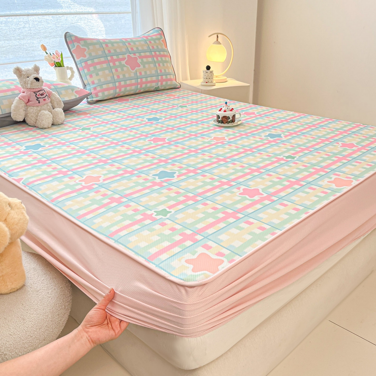 91家纺网 家纺一手货源 找家纺 川悦生活 2026新款凉豆豆斜纹冰丝凉席单品床笠单件床笠 床笠杏仁小星星