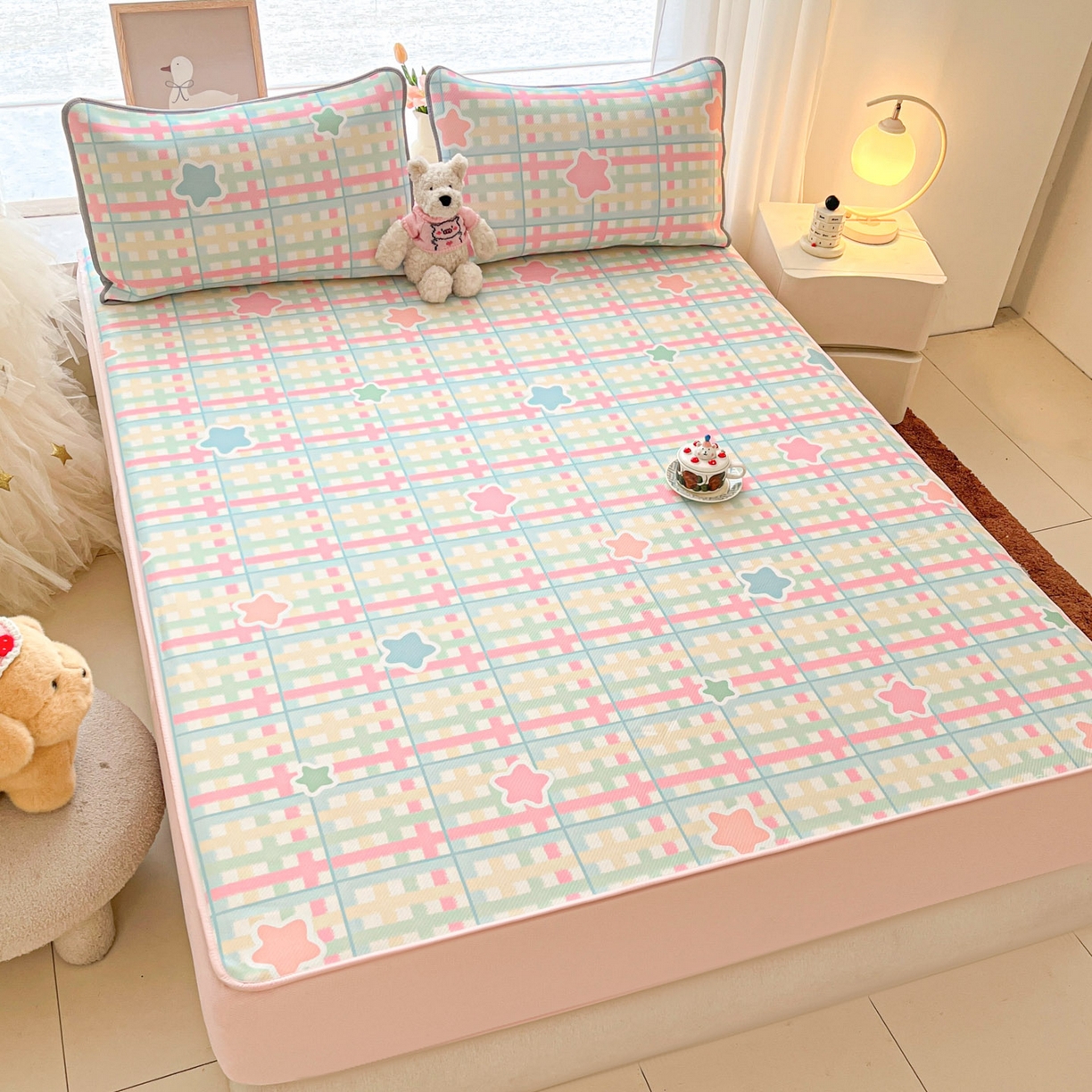 91家纺网 家纺一手货源 找家纺 川悦生活 2026新款凉豆豆斜纹冰丝凉席单品床笠单件床笠 床笠杏仁小星星