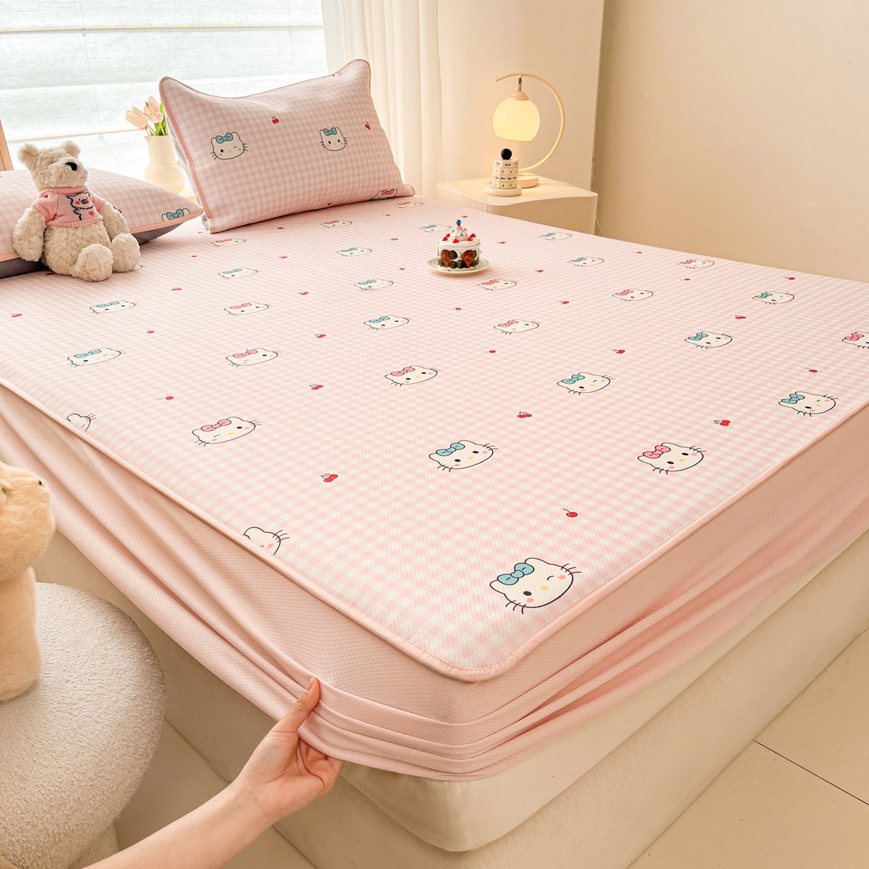 91家纺网 家纺一手货源 找家纺 川悦生活 2026新款凉豆豆斜纹冰丝凉席单品床笠单件床笠 床笠樱桃小奶喵