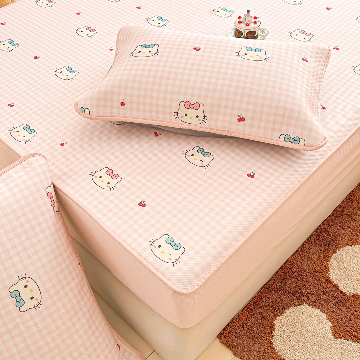 91家纺网 家纺一手货源 找家纺 川悦生活 2026新款凉豆豆斜纹冰丝凉席单品床笠单件床笠 床笠樱桃小奶喵