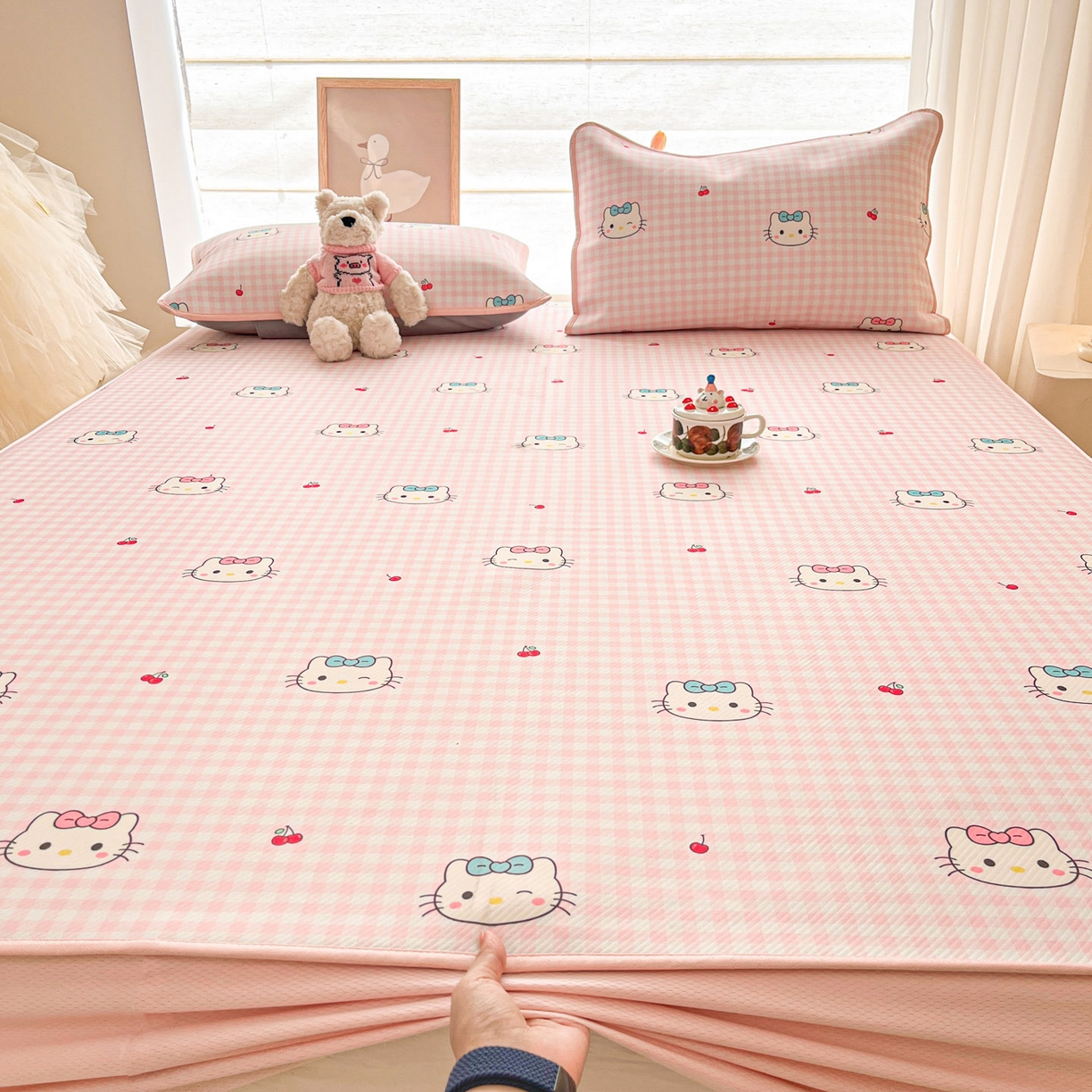 91家纺网 家纺一手货源 找家纺 川悦生活 2026新款凉豆豆斜纹冰丝凉席单品床笠单件床笠 床笠樱桃小奶喵