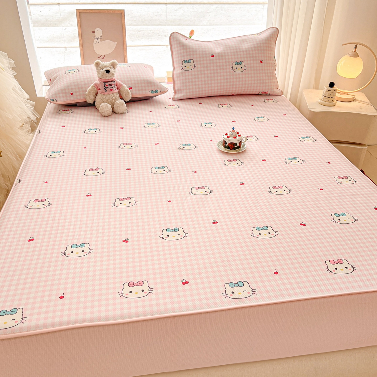 91家纺网 家纺一手货源 找家纺 川悦生活 2026新款凉豆豆斜纹冰丝凉席单品床笠单件床笠 床笠樱桃小奶喵