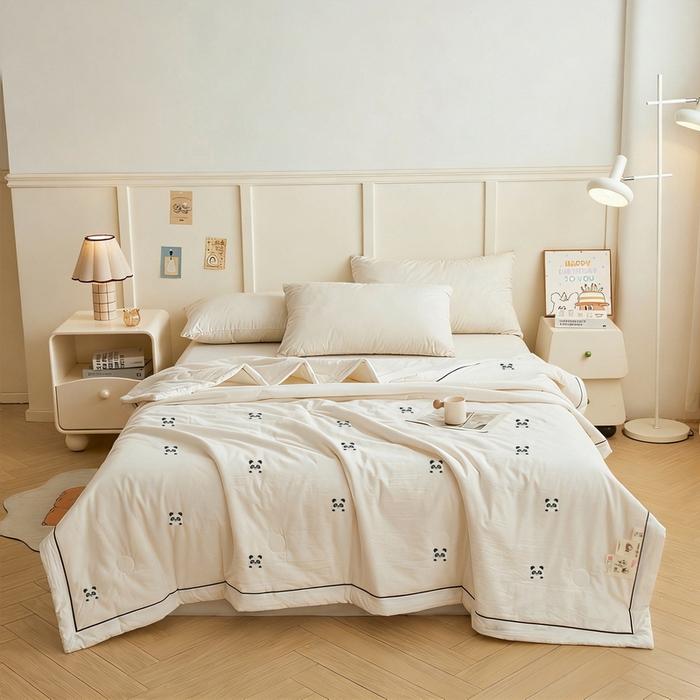 91家纺网 家纺一手货源 找家纺 仁凯家纺 2026新款A类100%棉花刺绣款手包边夏被夏凉被空调被 熊猫-白