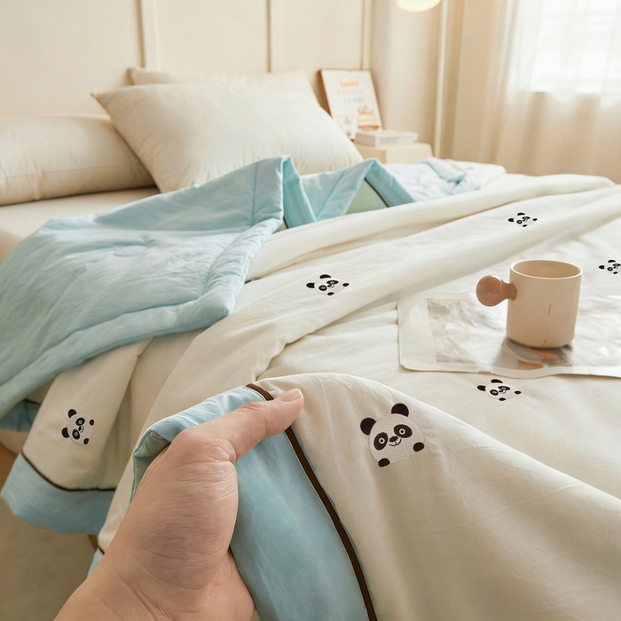 91家纺网 家纺一手货源 找家纺 仁凯家纺 2026新款A类100%棉花刺绣款手包边夏被夏凉被空调被 熊猫-蓝