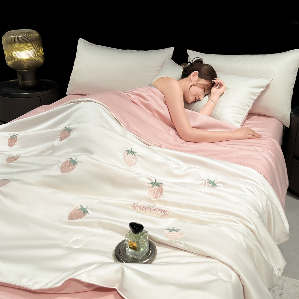 红嘴企鹅 2026新款水洗冰丝刺绣夏被四件套 夏被-小猫奶油粉