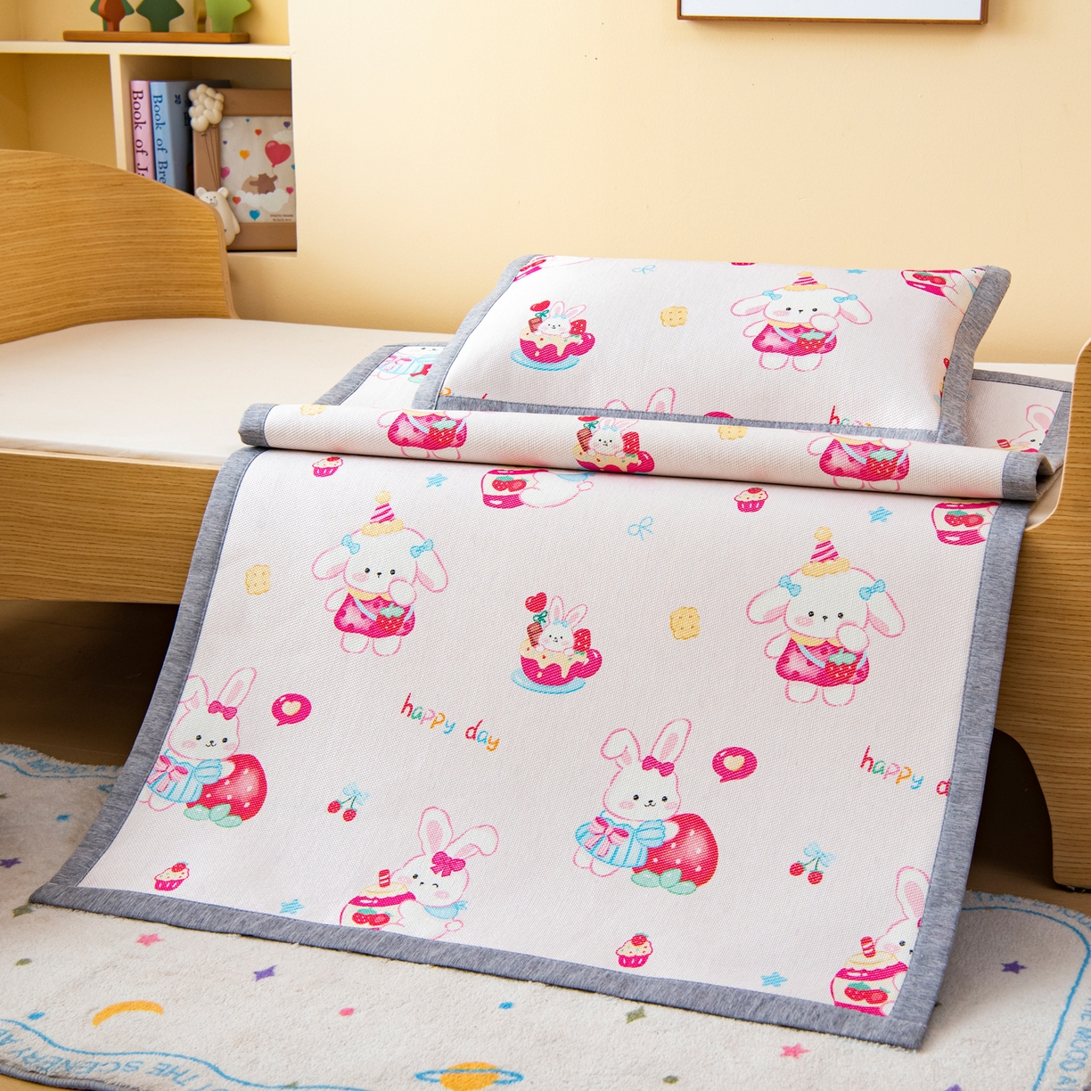 91家纺网 家纺一手货源 找家纺 吉咪兔家纺 2026新款席子幼儿园婴童儿童冰丝凉席冰丝席卡通藤席 小兔子