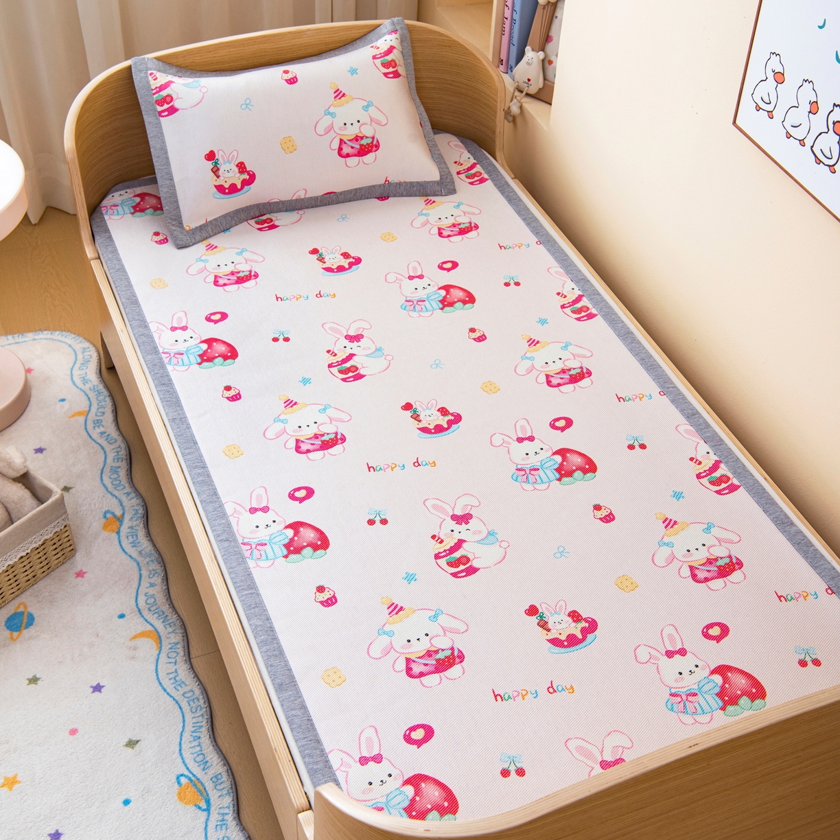 吉咪兔家纺 2026新款席子幼儿园婴童儿童冰丝凉席冰丝席卡通藤席 小兔子