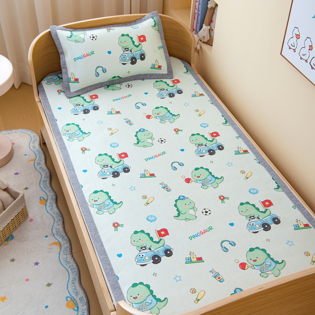 吉咪兔家纺 2026新款席子幼儿园婴童儿童冰丝凉席冰丝席卡通藤席 运动恐龙