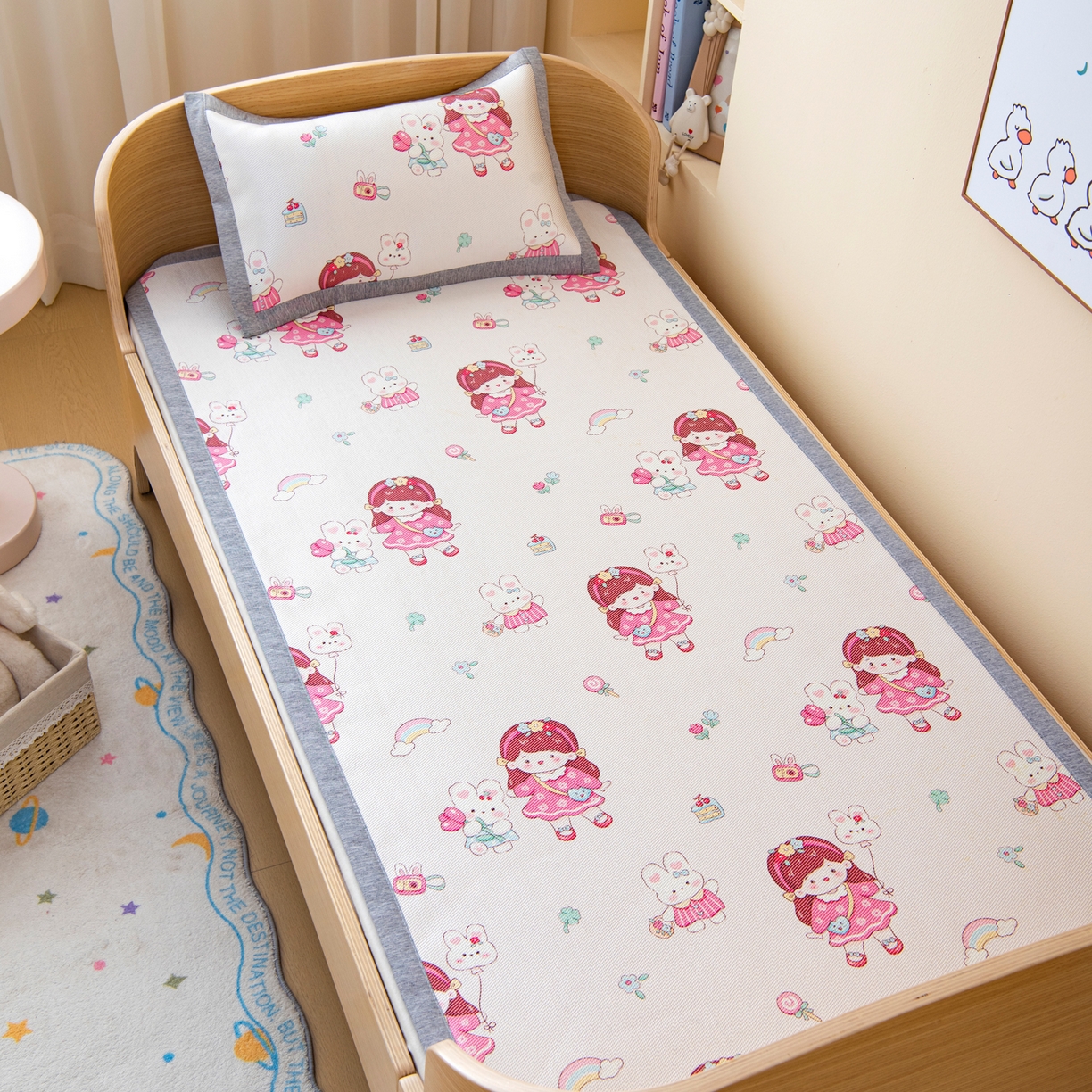 吉咪兔家纺 2026新款席子幼儿园婴童儿童冰丝凉席冰丝席卡通藤席 小女孩