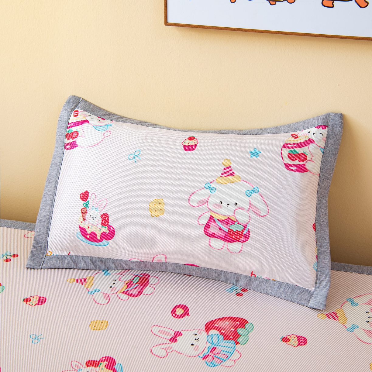 91家纺网 家纺一手货源 找家纺 吉咪兔家纺 2026新款席子幼儿园婴童儿童冰丝凉席冰丝席卡通藤席 小兔子