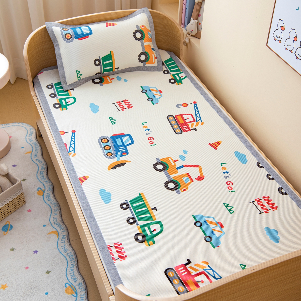 吉咪兔家纺 2026新款席子幼儿园婴童儿童冰丝凉席冰丝席卡通藤席 工程小分队