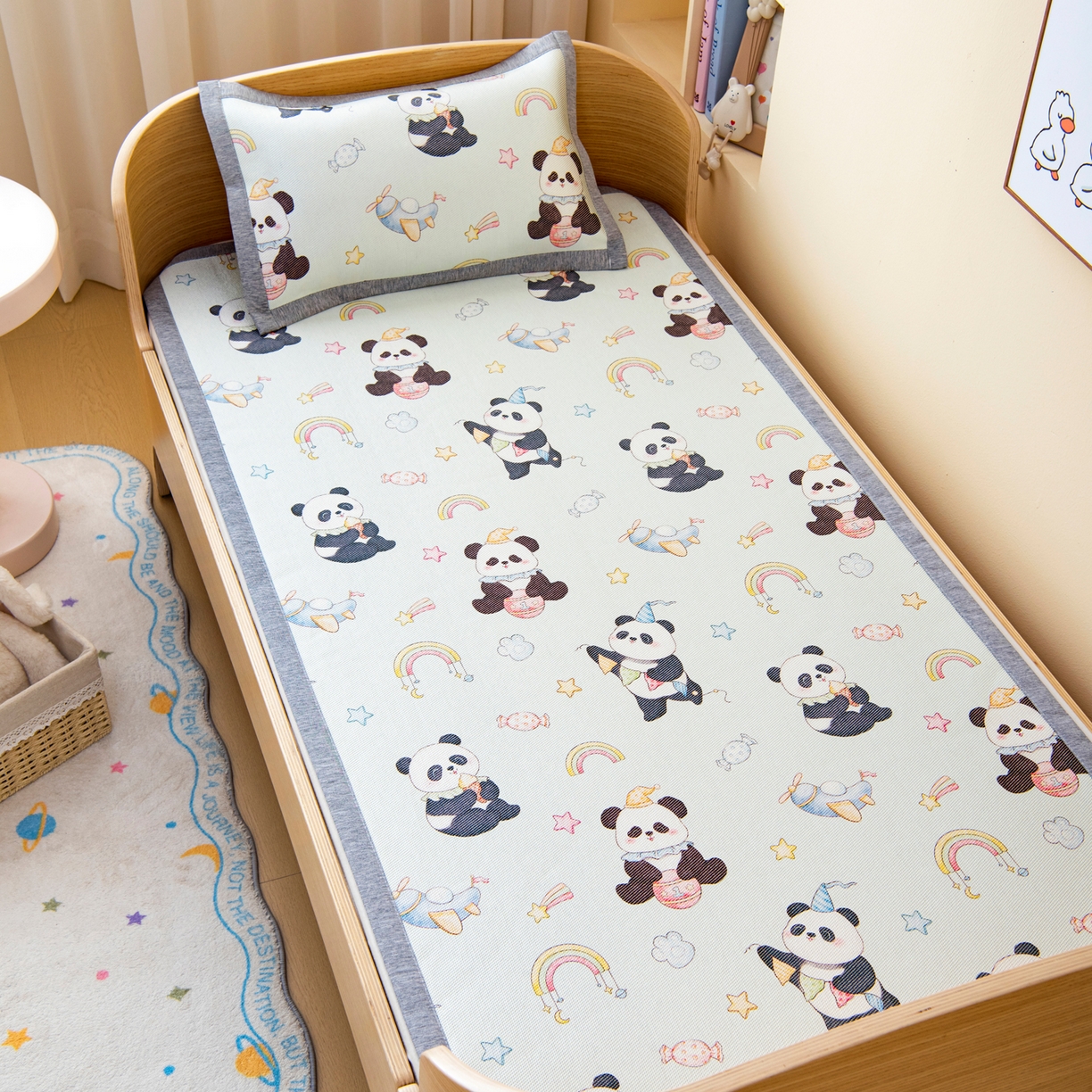 吉咪兔家纺 2026新款席子幼儿园婴童儿童冰丝凉席冰丝席卡通藤席 开心熊猫