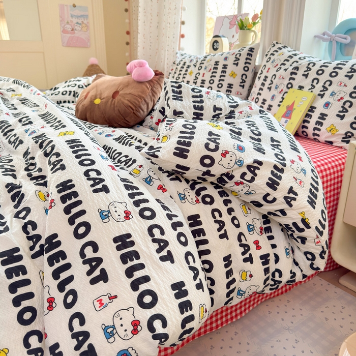 91家纺网 家纺一手货源 找家纺 星禾优选 2026新款A类泡芙纱印花四件套 猫系字母