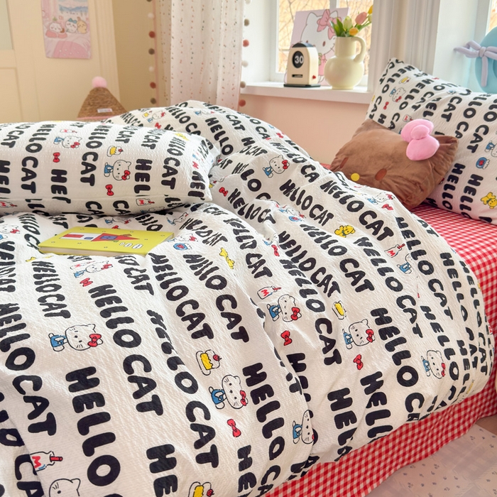 91家纺网 家纺一手货源 找家纺 星禾优选 2026新款A类泡芙纱印花四件套 猫系字母