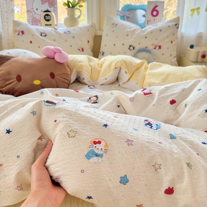 91家纺网 家纺一手货源 找家纺 星禾优选 2026新款A类泡芙纱印花四件套 萌星奇遇