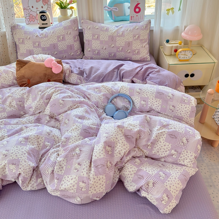 91家纺网 家纺一手货源 找家纺 星禾优选 2026新款A类泡芙纱印花四件套 软紫格猫