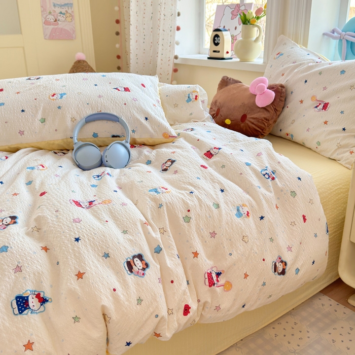 91家纺网 家纺一手货源 找家纺 星禾优选 2026新款A类泡芙纱印花四件套 萌星奇遇