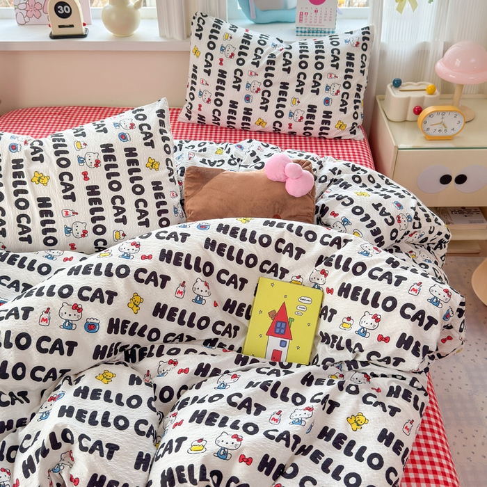 91家纺网 家纺一手货源 找家纺 星禾优选 2026新款A类泡芙纱印花四件套 猫系字母