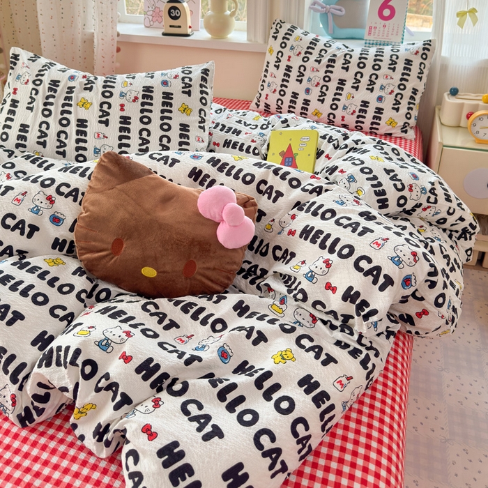 91家纺网 家纺一手货源 找家纺 星禾优选 2026新款A类泡芙纱印花四件套 猫系字母